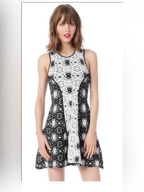 Parker Black and White Naima Jacquard Fit Flare Dress